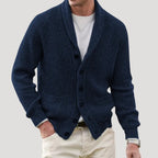 Men's ribbed button-front cardigan with shawl collar and pockets