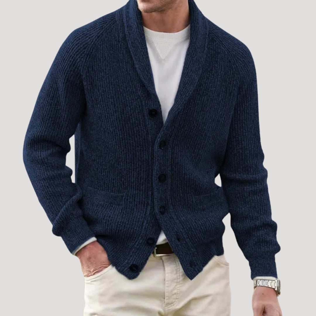 Men's ribbed button-front cardigan with shawl collar and pockets
