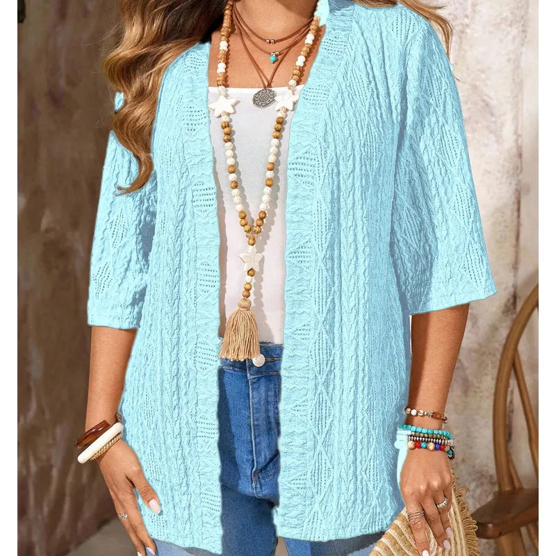 Women's open front textured cardigan with three-quarter sleeves