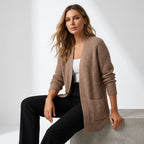 Women's long ribbed knit cardigan with open front and pockets