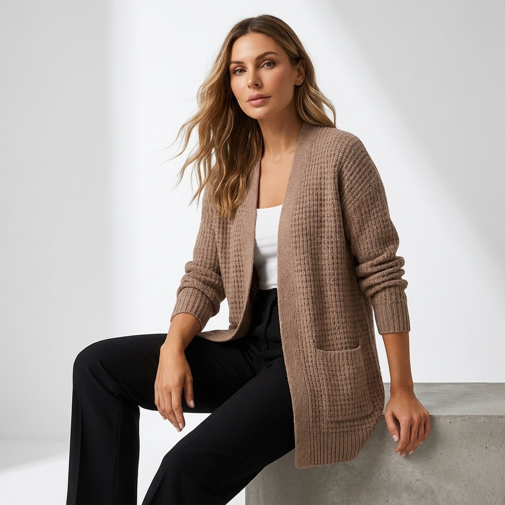 Women's long ribbed knit cardigan with open front and pockets