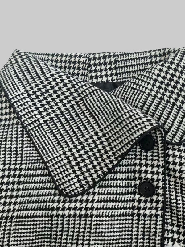 Men's brown houndstooth jacket with stand collar and asymmetric button front