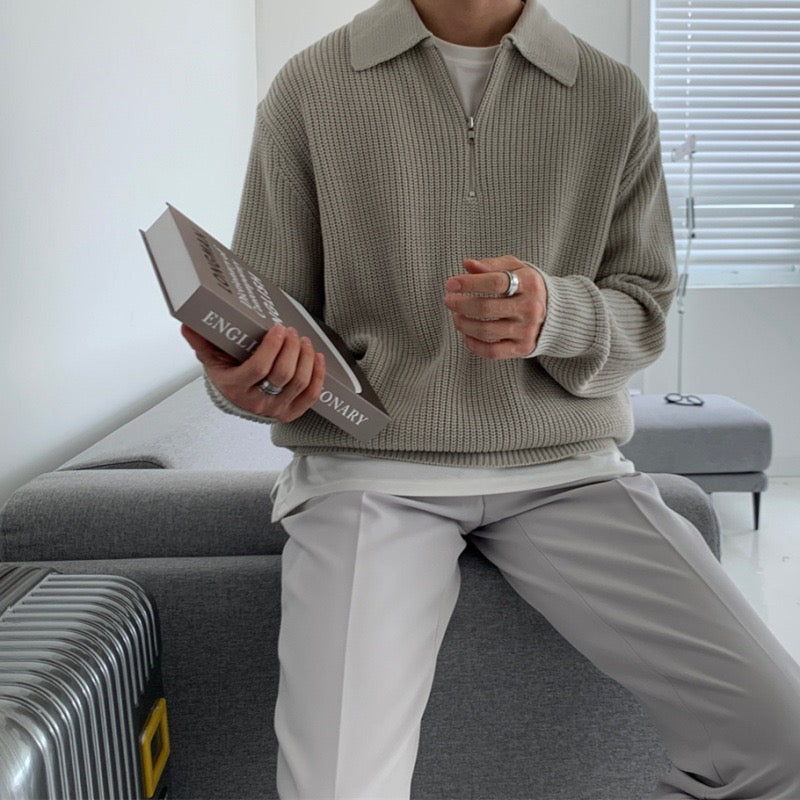 Men's ribbed half-zip sweater with pointed collar in grey and black options