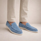 Men's slip-on moc toe loafers with flat white soles