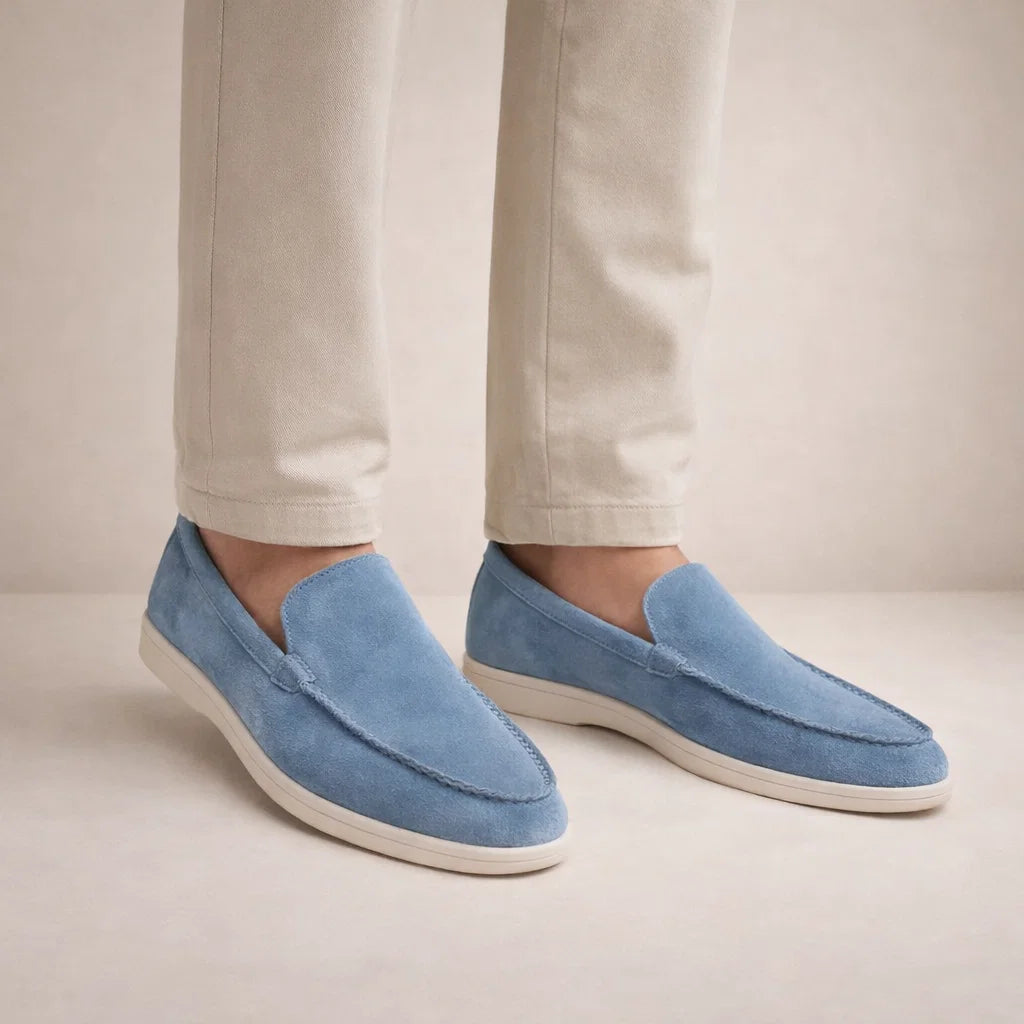 Men's slip-on moc toe loafers with flat white soles