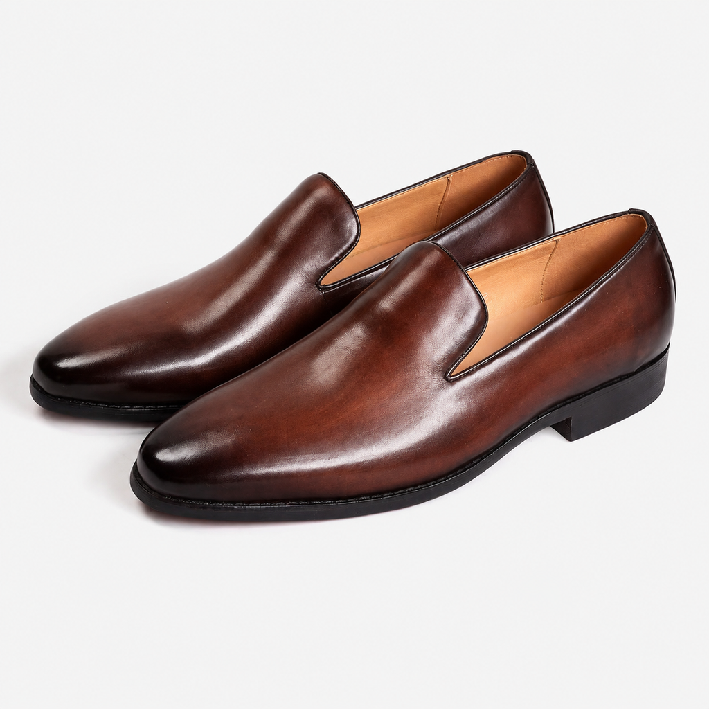 Men's smooth slip-on loafers with almond toes and low heels