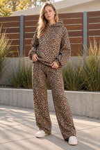 Women's leopard print hooded sweatshirt and matching full-length trousers set