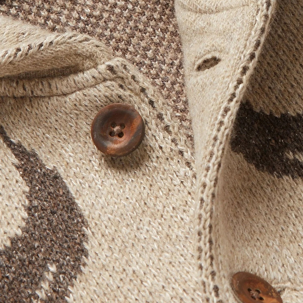 Men's beige patterned shawl collar cardigan with buttons and western motifs