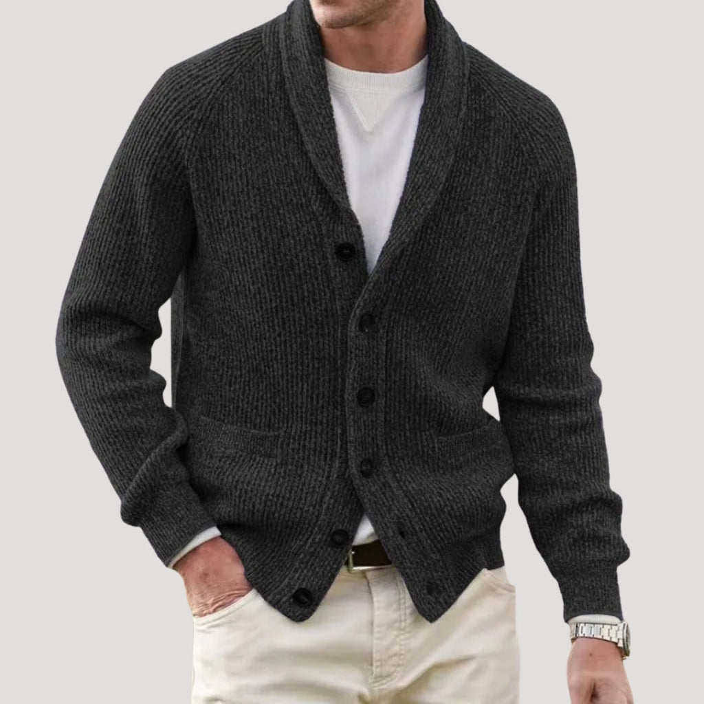 Men's ribbed button-front cardigan with shawl collar and pockets