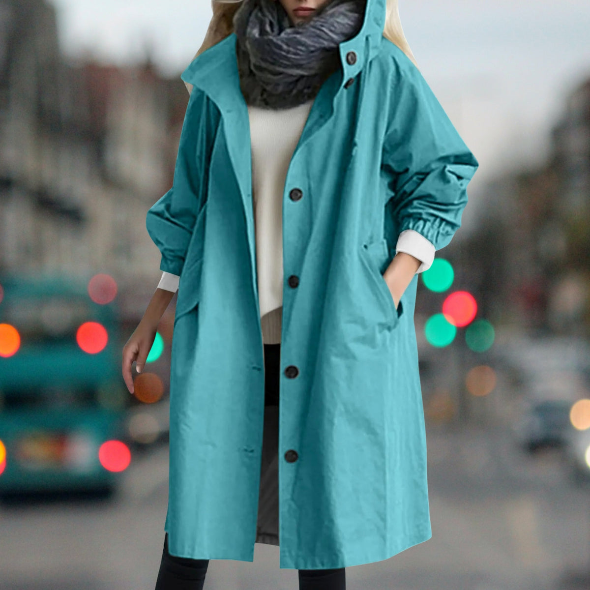 Women's longline hooded rain coat with button front and side pockets