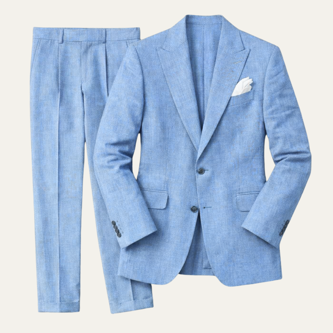 Men's slim fit two piece suit with button blazer and long trousers