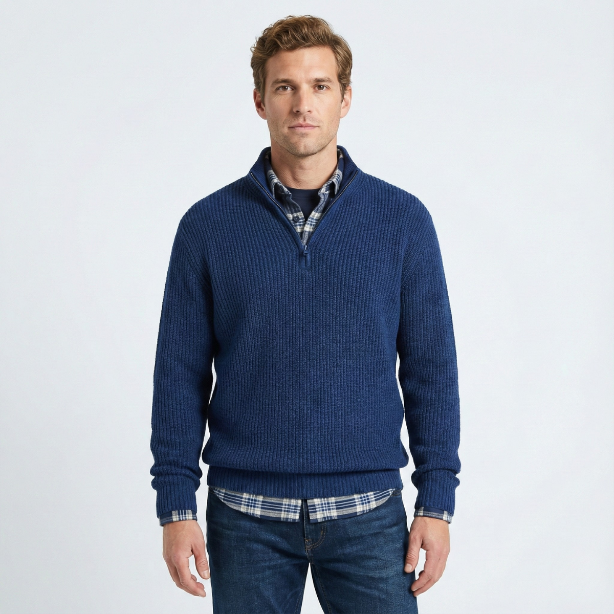 Men's ribbed quarter-zip sweater with mock neck and long sleeves