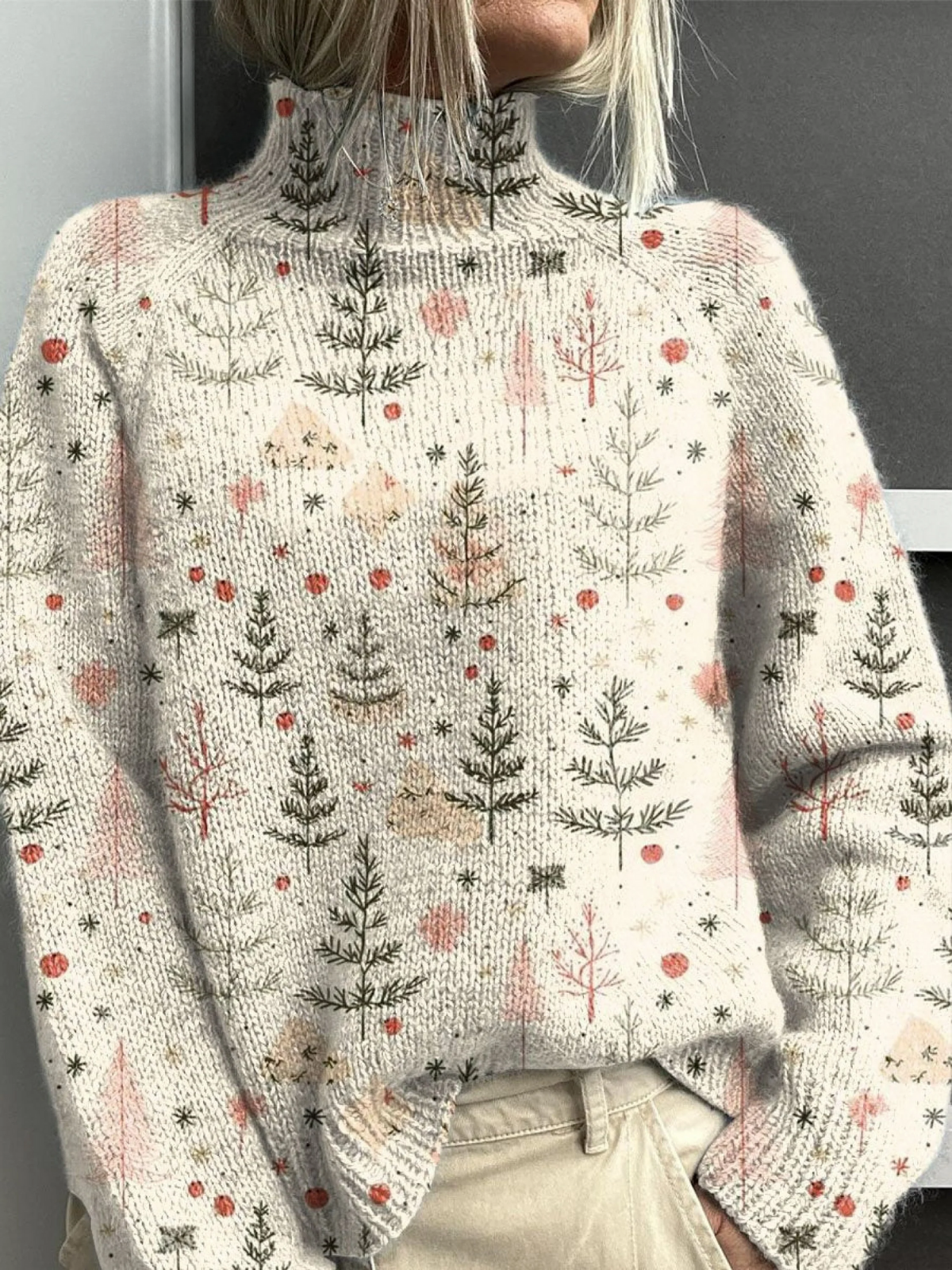 Women's cream turtleneck sweater with Christmas tree pattern and long sleeves