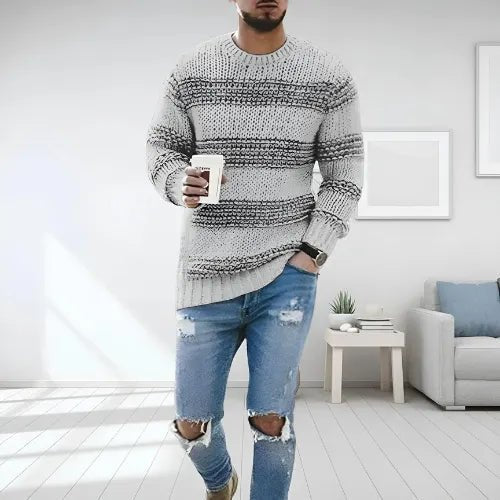 Men's striped knit sweater with crew neckline and long sleeves