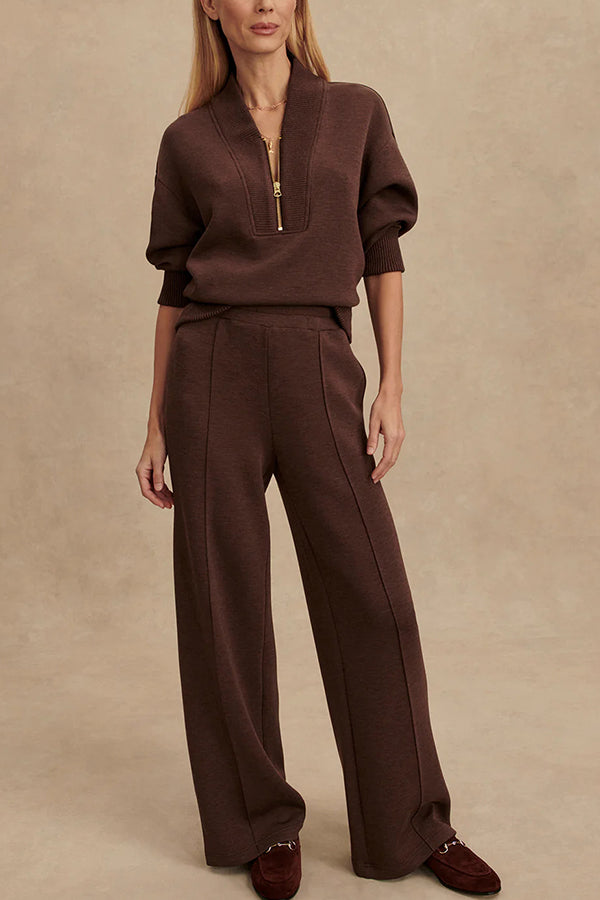 Women's ribbed half-zip sweatshirt and wide-leg trousers set