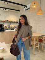 Women's taupe plaid asymmetric blazer with pointed lapels
