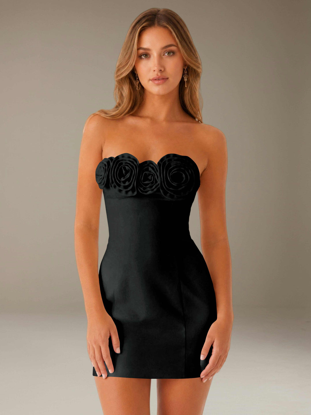 Women's strapless floral mini dress with three-dimensional flower neckline