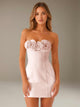 Women's strapless floral mini dress with three-dimensional flower neckline