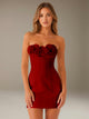 Women's strapless floral mini dress with three-dimensional flower neckline