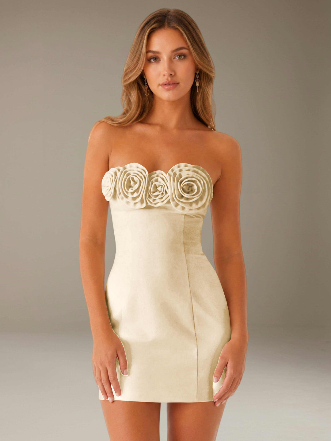 Women's strapless floral mini dress with three-dimensional flower neckline