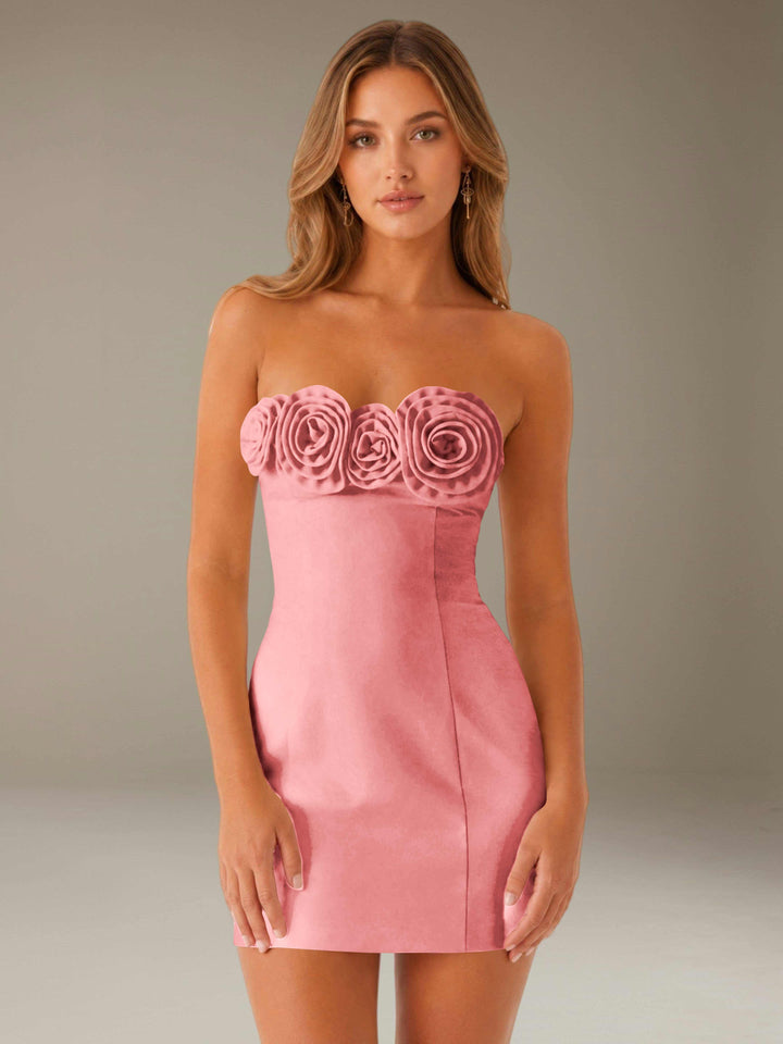 Women's strapless floral mini dress with three-dimensional flower neckline