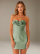 Women's strapless floral mini dress with three-dimensional flower neckline