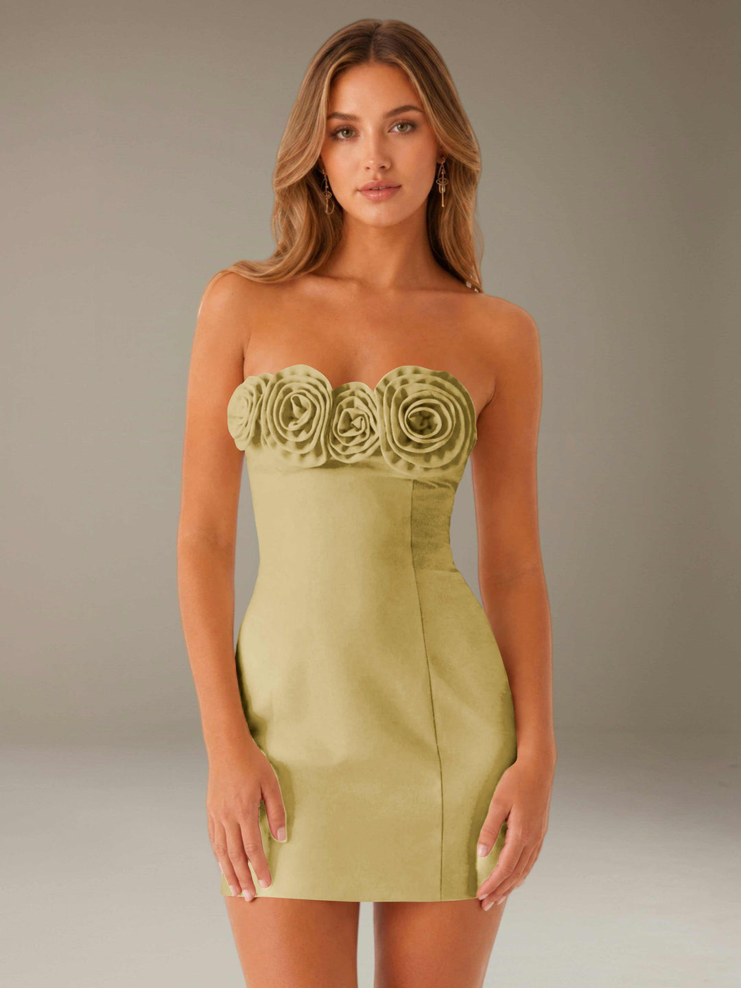 Women's strapless floral mini dress with three-dimensional flower neckline