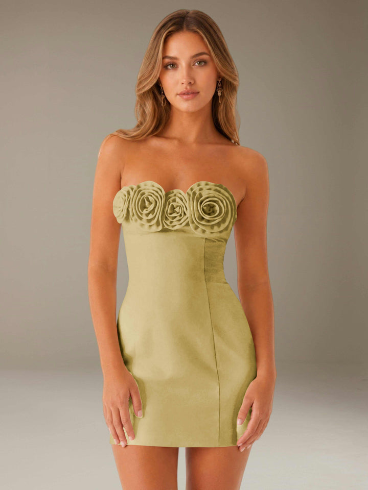 Women's strapless floral mini dress with three-dimensional flower neckline