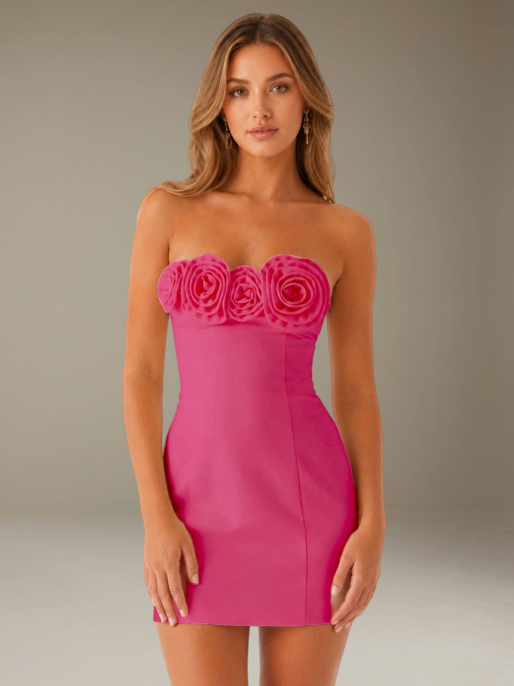 Women's strapless floral mini dress with three-dimensional flower neckline