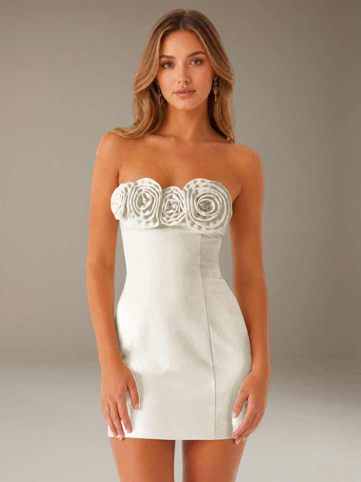 Women's strapless floral mini dress with three-dimensional flower neckline