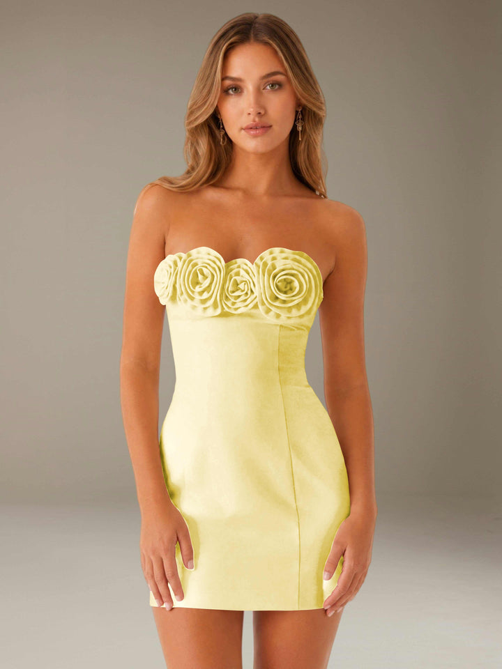 Women's strapless floral mini dress with three-dimensional flower neckline