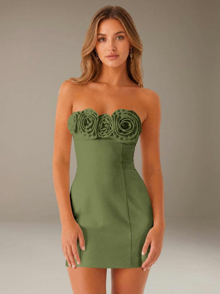 Women's strapless floral mini dress with three-dimensional flower neckline