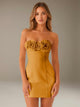 Women's strapless floral mini dress with three-dimensional flower neckline