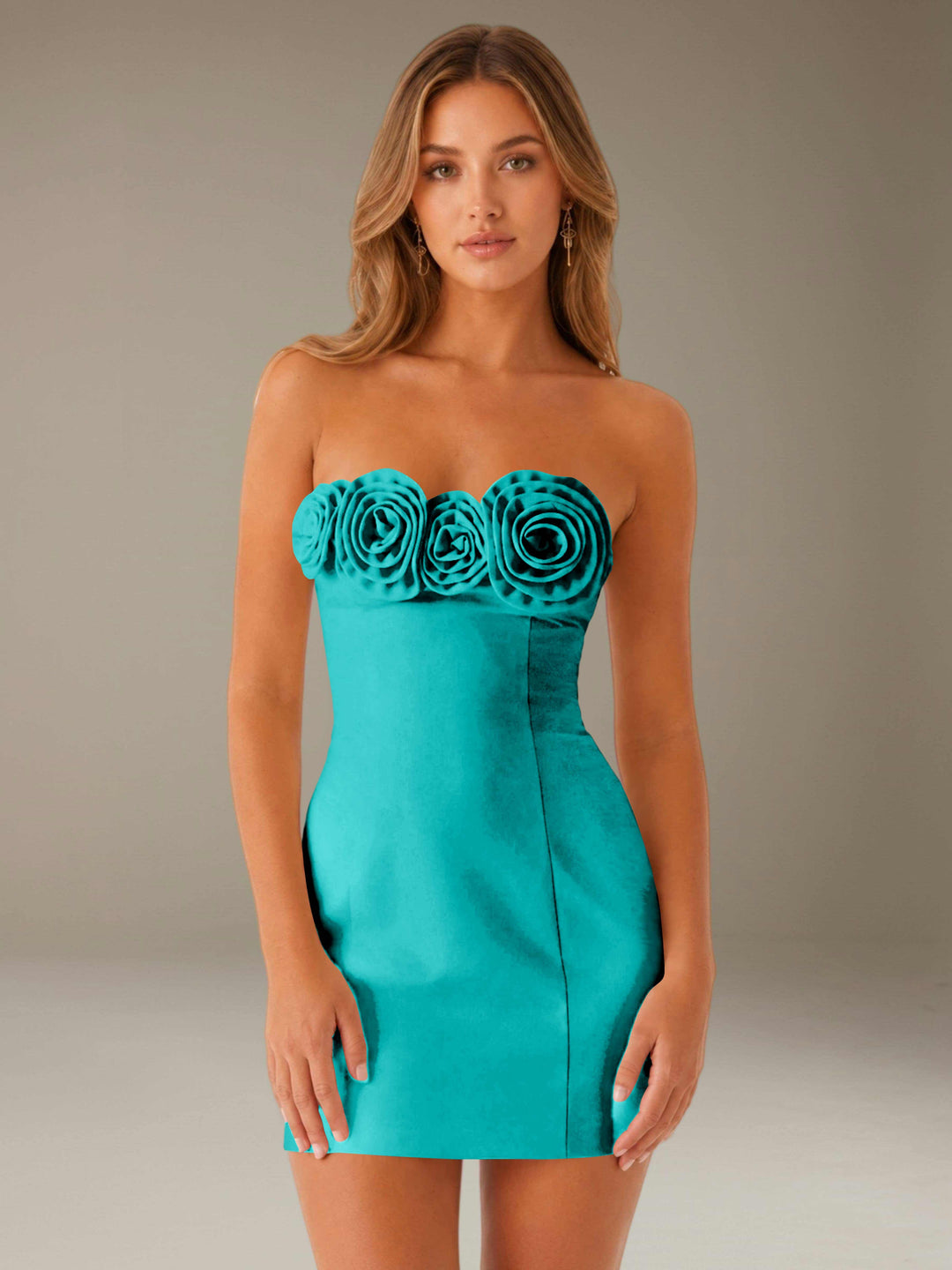 Women's strapless floral mini dress with three-dimensional flower neckline