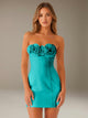 Women's strapless floral mini dress with three-dimensional flower neckline