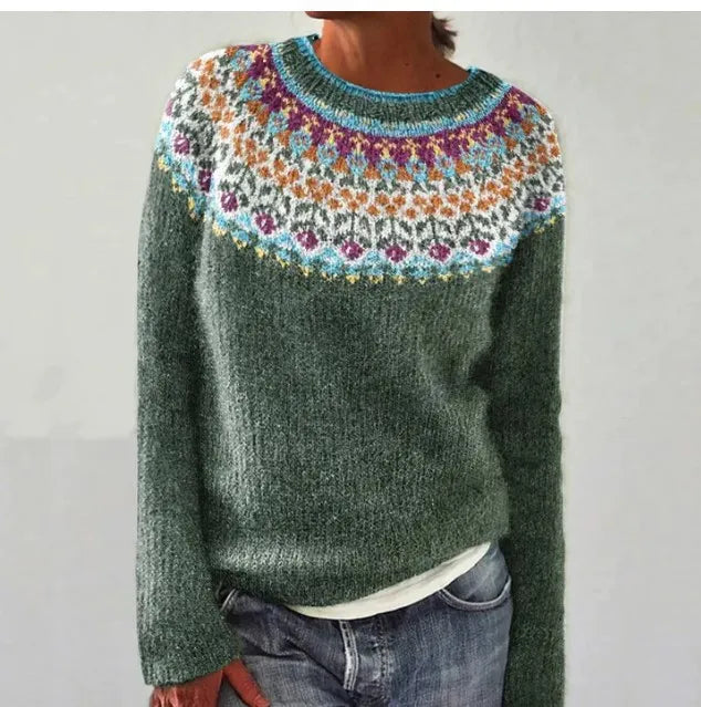 Women's grey Fair Isle boat neck sweater with long sleeves