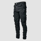 Men's skinny cargo jeans with utility pockets, distressed details and full-length legs