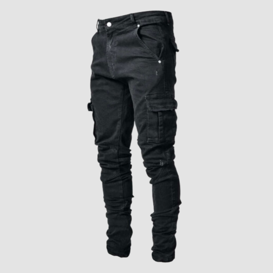 Men's skinny cargo jeans with utility pockets, distressed details and full-length legs