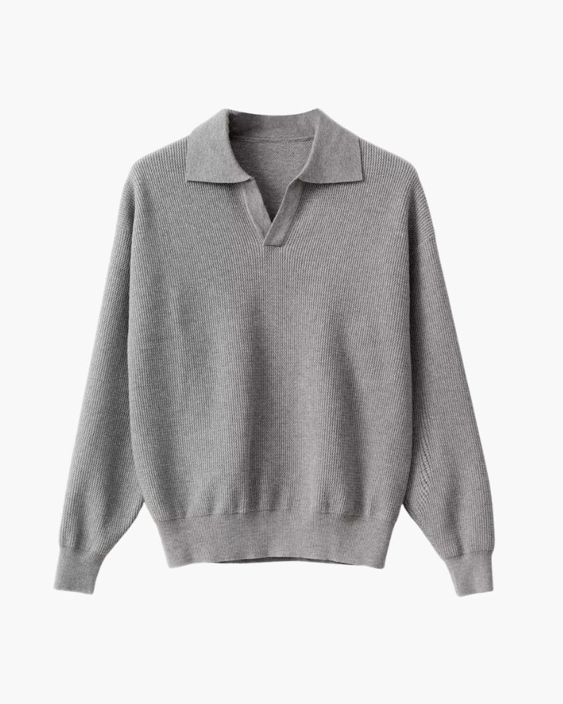 Men's textured knit polo sweater with open V-neck collar and long sleeves