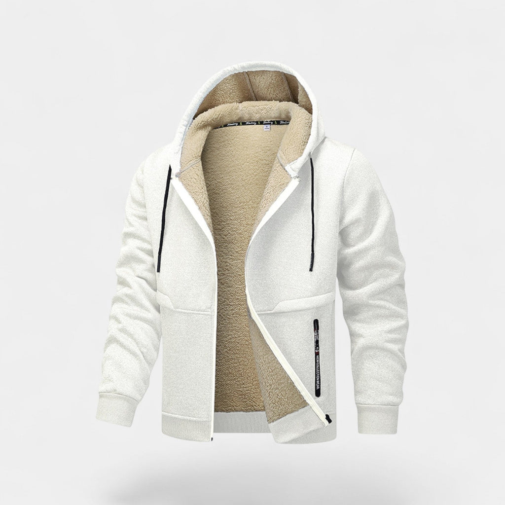 Men's hooded zip cardigan with contrasting sherpa-style lining