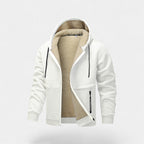Men's hooded zip cardigan with contrasting sherpa-style lining