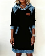 Women's long-sleeve hooded dress with contrast trim and front pockets