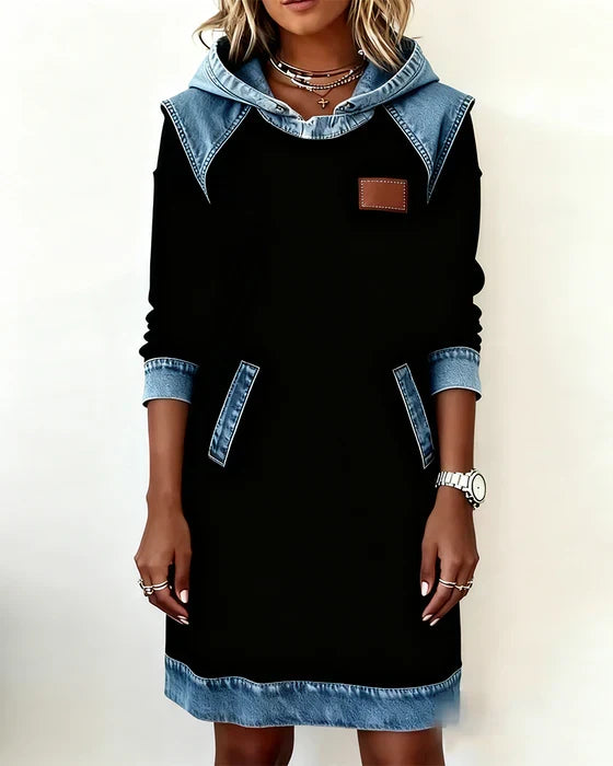 Women's long-sleeve hooded dress with contrast trim and front pockets