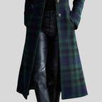 Women's long blue and green plaid coat with stand collar and buttons