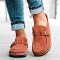 Women's buckle slip-on loafers with moc toes and stitched trim