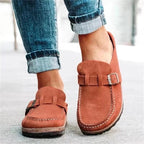Women's buckle slip-on loafers with moc toes and stitched trim
