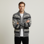 Men's shawl collar cardigan with geometric patterned knit and zip front