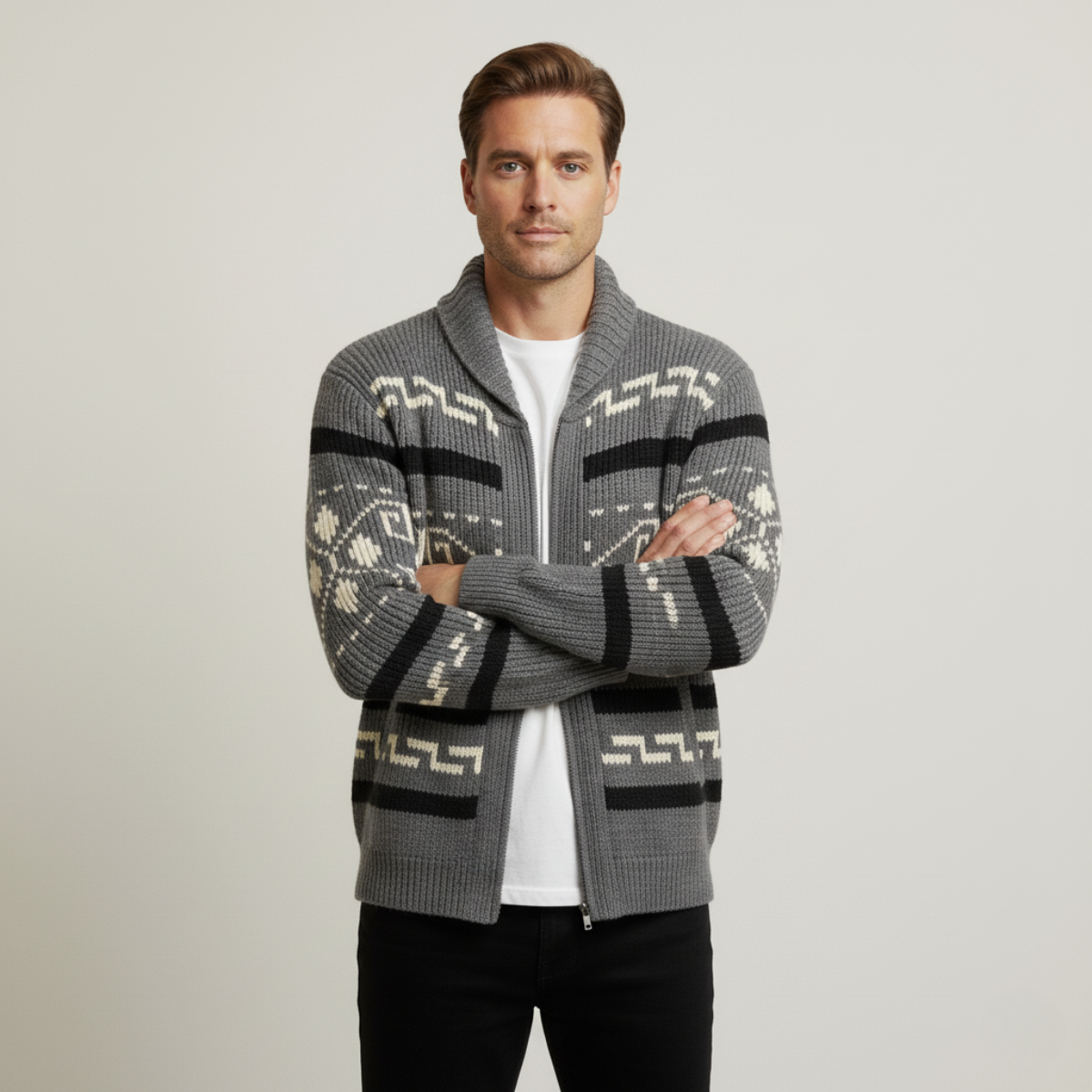 Men's shawl collar cardigan with geometric patterned knit and zip front