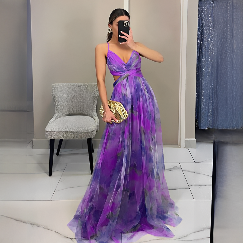 Women's multicoloured abstract V-neck maxi dress with spaghetti straps