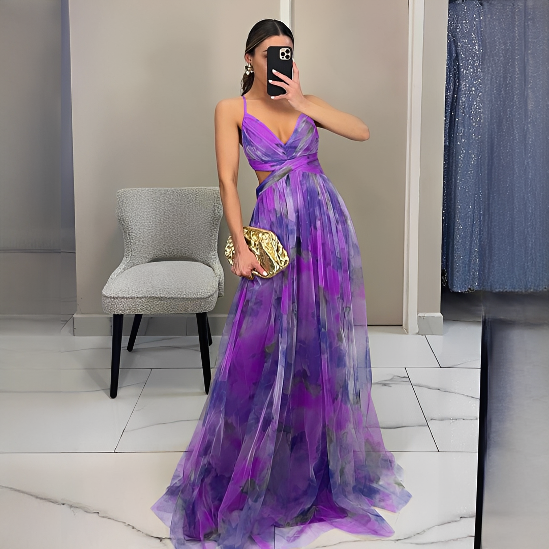Women's multicoloured abstract V-neck maxi dress with spaghetti straps